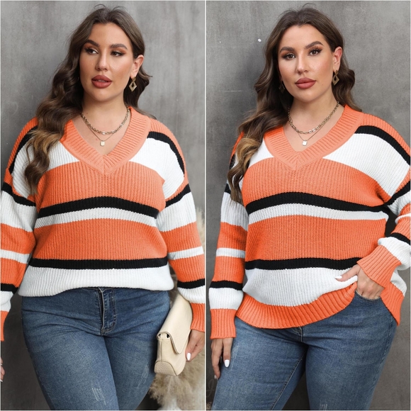 Bold Lines V-Neck Sweater - Pumpkin - Picture 2 of 4